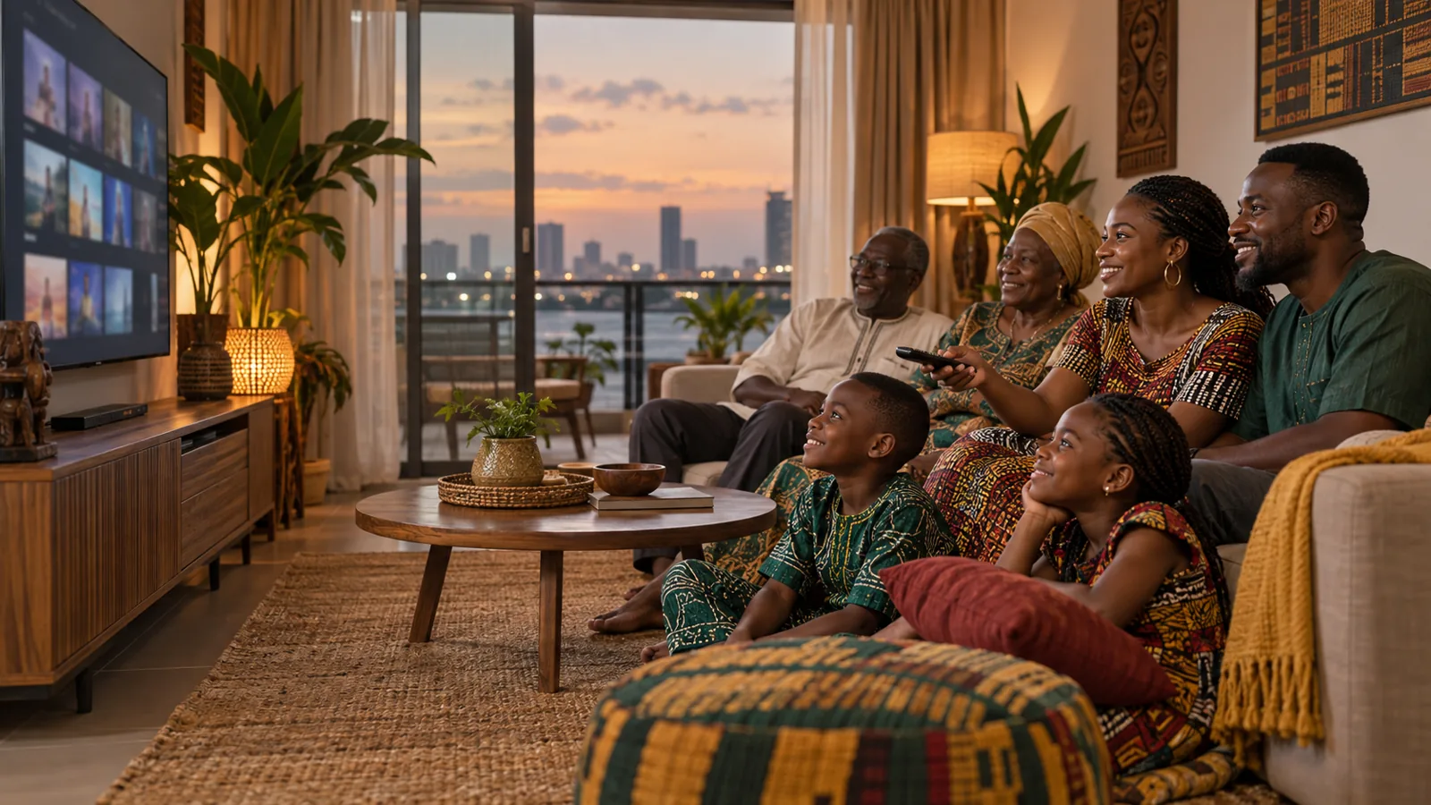 Famille béninoise regardant la télévision dans un salon à Cotonou