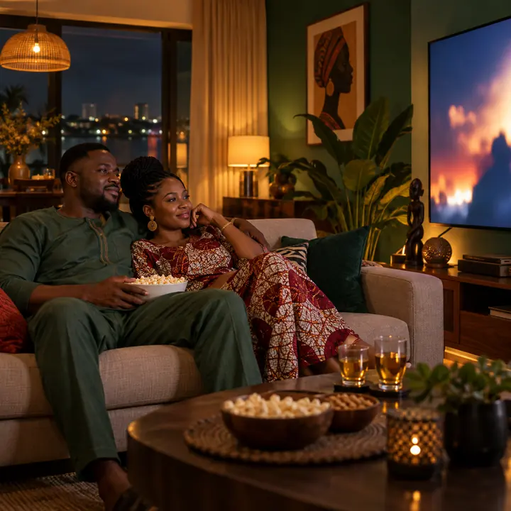 Couple béninois profitant de films et séries sur Smart TV
