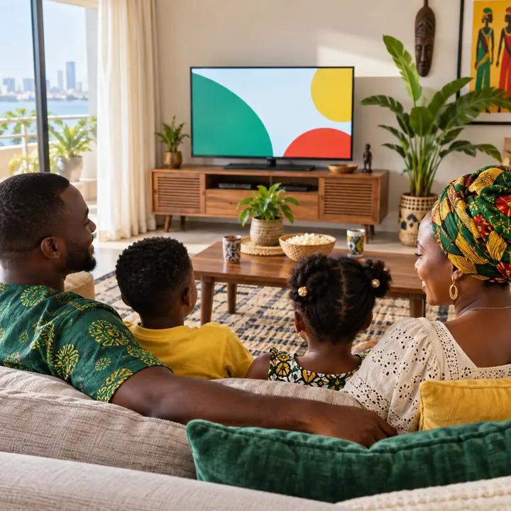 Famille au Bénin regardant des programmes jeunesse adaptés sur télévision