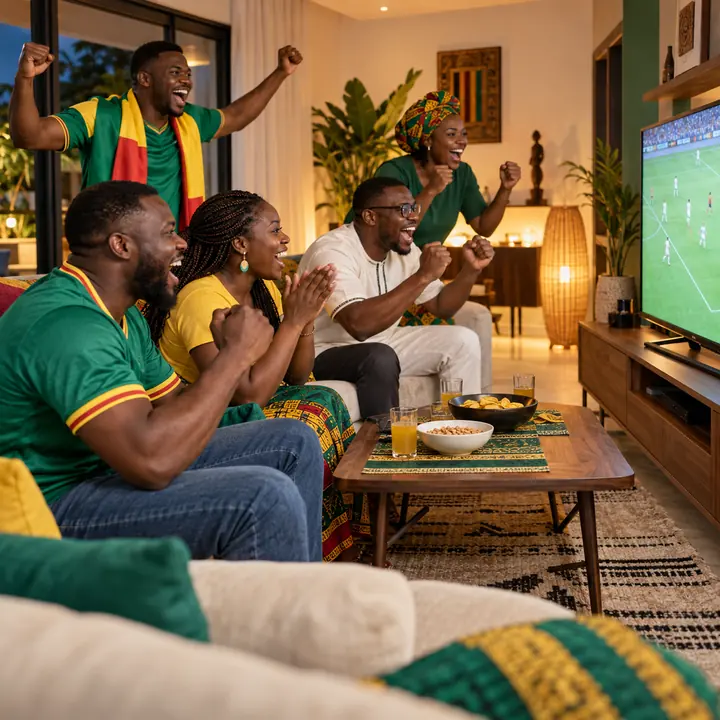 Supporters béninois regardant un match de football à la télévision
