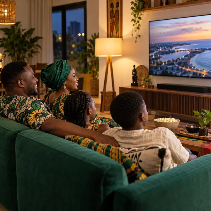 Famille béninoise regardant la TV en direct dans un salon à Cotonou